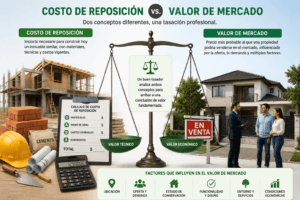 Método de reposición a nuevo | NESCA Propiedades Infografía comparativa entre el costo de reposición y el valor de mercado en el Método de Reposición a Nuevo utilizada en tasaciones inmobiliarias.
